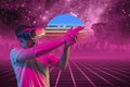 Synth wave and retro wave, vaporwave futuristic aesthetics. Man with device in glowing neon style.