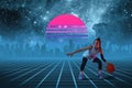 Synth wave and retro wave, vaporwave futuristic aesthetics. Sportsman in glowing neon style.