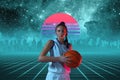 Synth wave and retro wave, vaporwave futuristic aesthetics. Sportsman in glowing neon style. Royalty Free Stock Photo