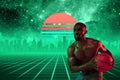 Synth wave and retro wave, vaporwave futuristic aesthetics. Sportsman in glowing neon style.