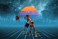 Synth wave and retro wave, vaporwave futuristic aesthetics. Sportsman in glowing neon style. Royalty Free Stock Photo