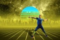 Synth wave and retro wave, vaporwave futuristic aesthetics. Sportsman in glowing neon style. Royalty Free Stock Photo