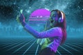 Synth wave and retro wave, vaporwave futuristic aesthetics. Woman with device in glowing neon style.