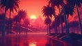 Synthase sunset landscape with palm trees 80s retro. Generative AI.