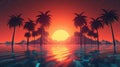 Synthase sunset landscape with palm trees 80s retro. Generative AI.
