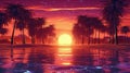 Synthase sunset landscape with palm trees 80s retro. Generative AI. Royalty Free Stock Photo