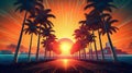 Synthase sunset landscape with palm trees 80s retro. Generative AI.