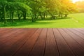 Synthesis of textured wooden planks floor and green field background.