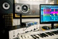 Synthesizer closeup, recording studio equipment Royalty Free Stock Photo