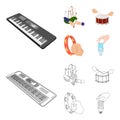 Synthesizer melodies, bagpipes Scotch and other web icon in cartoon,outline style. drum, drum roll, tambourine in hand