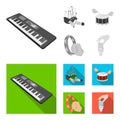 Synthesizer melodies, bagpipes Scotch and other web icon in monochrome,flat style. drum, drum roll, tambourine in hand