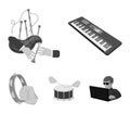 Synthesizer melodies, bagpipes Scotch and other web icon in monochrome style. drum, drum roll, tambourine in hand icons