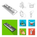 Synthesizer melodies, bagpipes Scotch and other web icon in outline,flat style. drum, drum roll, tambourine in hand