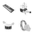 Synthesizer melodies, bagpipes Scotch and other web icon in monochrome style. drum, drum roll, tambourine in hand icons