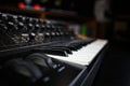 Synthesizer piano keyboard in sound recording studio