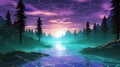 Synthetic Reverie Retro 3D Computer Graphics Rendered Landscape with Grid Mesh Lines, Purple and Green - Synthwave Vaporwave
