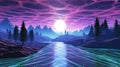 Synthetic Reverie Retro 3D Computer Graphics Rendered Landscape with Grid Mesh Lines, Purple and Green - Synthwave Vaporwave