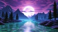 Synthetic Reverie Retro 3D Computer Graphics Rendered Landscape with Grid Mesh Lines, Purple and Green - Synthwave Vaporwave
