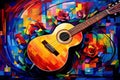 Synthetism art of folk guitar vibrants color, illustrated by Generative AI