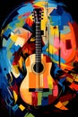 Synthetism art of folk guitar vibrants color, illustrated by Generative AI