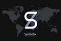 Synthetix Abstract Cryptocurrency. With a dark background and a world map. Graphic concept for your design