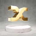 Synthetix cryptocurrency icon. Gold 3d rendered icon on white marble podium