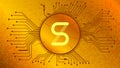 Synthetix Network Token SNX cryptocurrency token symbol of the DeFi project in circle with PCB tracks on gold background.