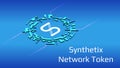 Synthetix Network Token SNX isometric token symbol of the DeFi project in digital circle on blue background.