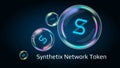 Synthetix Network token SNX symbol in soap bubble, coin DeFi project decentralized finance.