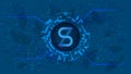 Synthetix Network Token symbol of the DeFi project in a digital circle with a cryptocurrency theme on a blue background.