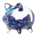 Synthetix (SNX) Clear Glass piggy bank with decreasing piles of crypto coins.