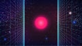 Synthwave abstract Background. Mysterious pink sun Backdrop. Vertical perspective grid on dark starry sky. Retro Futuristic party