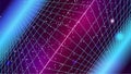 Synthwave abstract background. Retro future 80s backdrop. Blue inclined perspective grids with glowing in distance. Virtual 3d