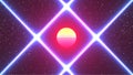 Synthwave abstract background. Retro future 80s backdrop. Neon lights around sun. Laser glowing. Synthwave party flyer