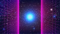 Synthwave Abstract Background. Retro Future 80s backdrop. Vertical pink perspective grids with Bright blue sun on starry sky.