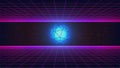 -Synthwave abstract backround. Wireframe polyhedron with blue inside glow. 80s pink perspective grid on dark starry sky. Retro