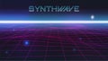 Synthwave background. Dark futuristic landscape. Pink perspective grid. Blue neon horizon. Text Synthwave on dark sky Royalty Free Stock Photo