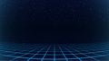 Synthwave background. Dark Retro Futuristic backdrop with blue perspective grid and sky full of stars. Horizon glow