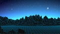 Synthwave background. Dark Retro Futuristic backdrop with blue wireframe landscape and sky full of stars. Horizon glow