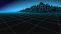Synthwave background. Dark Retro Futuristic backdrop with blue wireframe landscape and sky full of stars. Horizon glow