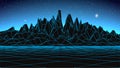 Synthwave background. Dark Retro Futuristic backdrop with blue wireframe landscape and sky full of stars. Horizon glow