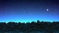 Synthwave background. Dark Retro Futuristic backdrop with blue wireframe landscape and sky full of stars. Horizon glow