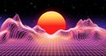 Synthwave background with grid mountain and sunset Royalty Free Stock Photo