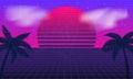 Synthwave background with Retro Sun, palms and clouds.