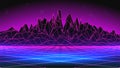Synthwave Background. 80s Mountain. Pink Grid. Free Space for your Design. Wireframe Computer Landscape. Blue Neon Glow
