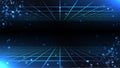 Synthwave background. Two horizontal perspective grids on dark backdrop. Glittering particles