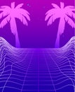 Synthwave Banner with Neon Glowing Grid, Futuristic Background with Palm Trees. Club Party Poster Template Cyberpunk Flyer Royalty Free Stock Photo