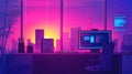 Synthwave coder's desk in a cyberpunk city office Royalty Free Stock Photo