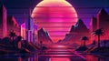 Synthwave 3D Retro Cyberpunk Landscape: Banner or Wallpaper Background.