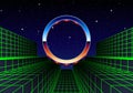 Synthwave frame with chrome circle and 80s styled synthwave arcade game landscape.